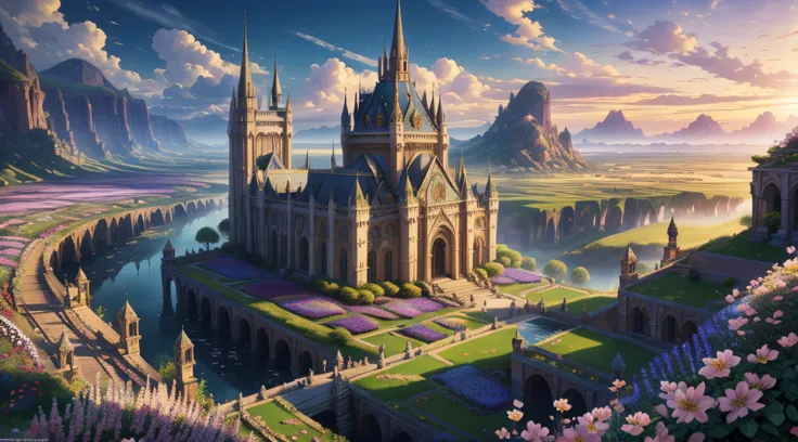 masterpiece, best quality, intricate details, 32k resolution, there is a world with breathtaking architectures and flowers, the land itself is magical its beauty unparalleled