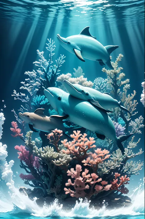 dolphins：Clear HD images of the underwater world，Cute dolphins，Filled with colorful fish，Intricate coral morphology and fascinating details of underwater ecosystems，ultra-realistic realism，color field printing，high detal，UHD，anatomy correct，Cinematic light...