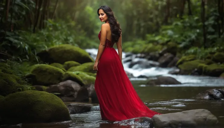 (fotorrealista:1.1) A young Indonesian woman looking back over her shoulder and smiling as she walked beside a stream in a dense forest, cabelos longos e elegantes, vestindo um vestido de noite vermelho e botas de caminhada, usando mochila preta, lush vege...