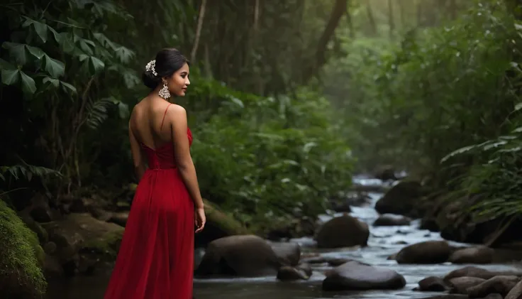 (fotorrealista:1.1) A young Indonesian woman looking back over her shoulder and smiling as she walked beside a stream in a dense forest, cabelos longos e elegantes, vestindo um vestido de noite vermelho e botas de caminhada, usando mochila preta, lush vege...