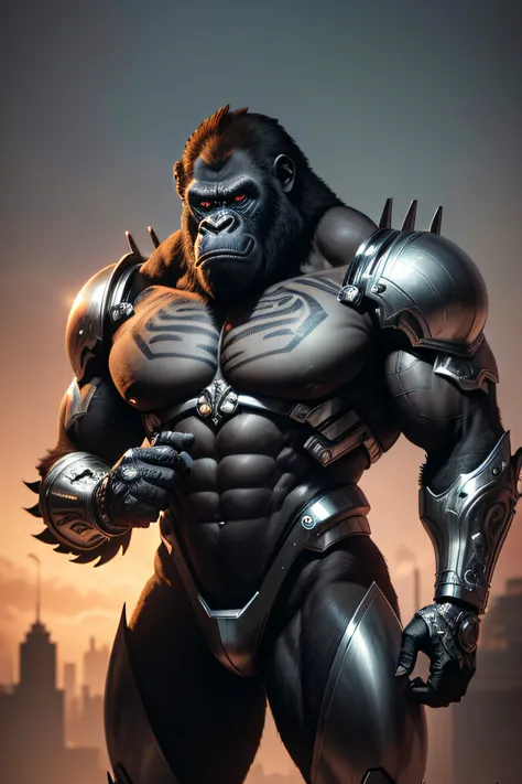 an evil gorilla made of metal, (cyborg), imagem inteira do gorila, sem corte, ultra-detailed, detailed face, made of metal, professional vector illustration, imagem inteira, sem corte, (intricate details), hdr, (intricate details, hyper-detailed:1.2), Cine...