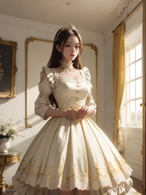 (masterpiece), (best quality), (ultra-detailed), IMAGE_TYPE: Portrait | GENRE: Fashion | EMOTION: Elegant | SCENE: A young girl in a yellow and white maid outfit standing gracefully in an elegantly decorated interior room | beautyful light, peaceful mood,