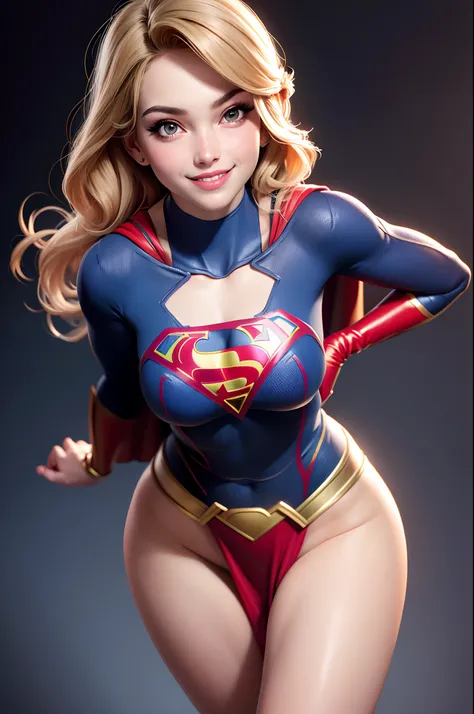 ((super girl)), (Supergirl costumes), Portrait photography by Art Germ, realism style, Lustrous skin, The main character of the cartoon, Natural light, tight lips, Strong body, Feminine body, full length, viewer, (Smile:1.2), Depth of field f/1.8, studio s...