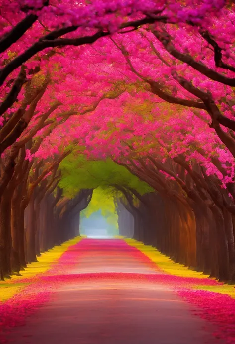 "Capture the enchanting beauty of nature as the worlds best nature photographer. Frame a mesmerizing photograph of a blossoming tunnel, adorned with pink piúva, purple jacaranda, red flamboyant, and yellow ipê trees. Let the gaps in the foliage allow diffu...