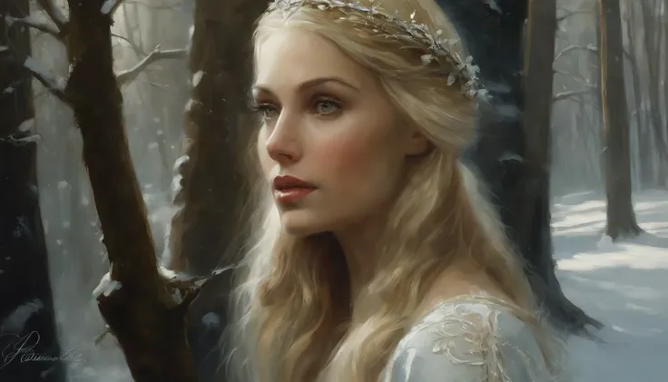 pintura do retrato de 1girl, Galadriel, Onze, blonde hair, olhos azuis, vestido branco, pele detalhada, fantasia, snowy nordic forest, estilo modelshoot, (CG extremamente detalhado), foto de belas obras de arte, (Antonio Moro), (Jeremy Mann), High detail, ...