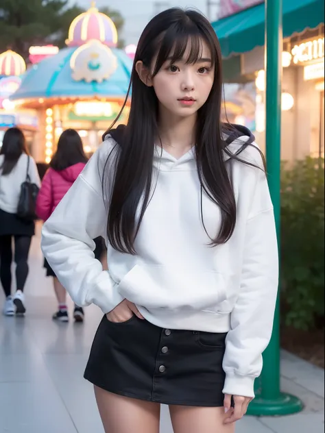 年轻，(a miniskirt)，Mokomokos hoodie，teens girl，Delicate body，petite body，Delicate body，small tits，tiny chest，A dark-haired，Very Longhair，An amusement park，Looks Back