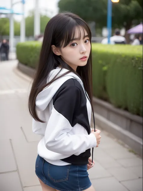 年轻，(a miniskirt)，Mokomokos hoodie，teens girl，Delicate body，petite body，Delicate body，small tits，tiny chest，A dark-haired，Very Longhair，An amusement park，Looks Back