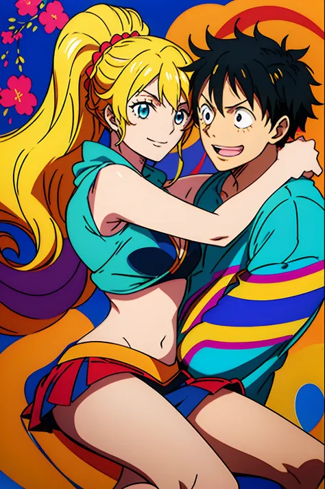 masterpiece, best quality, 1girl, alicetaria,blonde hair, long hair, ponytail, blue eyes, blue shirt, pleated skirt, solo, simple background, bikini, beach, alicetarian and luffy, husband and wife, couple happy in a beach, , purple hair,1boy, sitting in co...