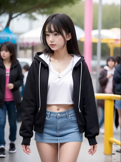 年轻，(a miniskirt)，Mokomokos hoodie，teens girl，Delicate body，petite body，Delicate body，small tits，tiny chest，Short，A dark-haired，Very Longhair，a shower，An amusement park，Looks Back