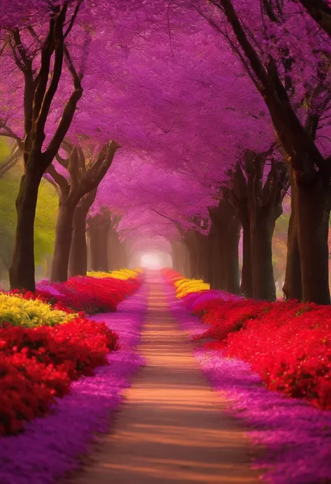 "Capture the enchanting beauty of nature as the worlds best nature photographer. Frame a mesmerizing photograph of a blossoming tunnel, adorned with pink piúva, purple jacaranda, red flamboyant, and yellow ipê trees. Let the gaps in the foliage allow diffu...