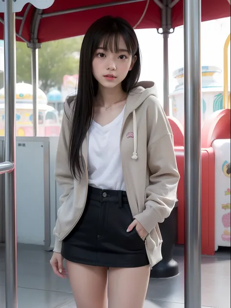 年轻，(a miniskirt)，Mokomokos hoodie，teens girl，Delicate body，petite body，Delicate body，small tits，tiny chest，Short，A dark-haired，Very Longhair，a shower，An amusement park，Looks Back