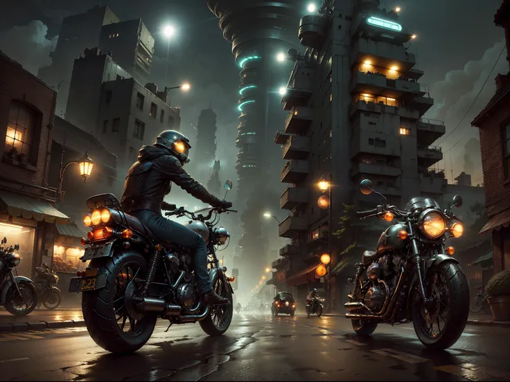 Imagine a futuristic city at night, shrouded in cosmic dust, while a biker on his vintage motorcycle cuts through the scenery. Capture cada detalhe da bicicleta, do brilho do potente motor aos reflexos das luzes da cidade, all in one high-resolution HDR im...