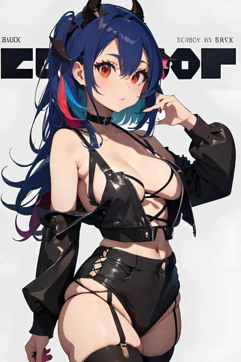 Succubus girl in her 20s taking a selfie for a magazine cover, blank background with room for the title of the magazine. Girl is wearing punk clothing and a choker, her multicolored hair is medium length and has bangs, long eyelashes draw in the viewers at...