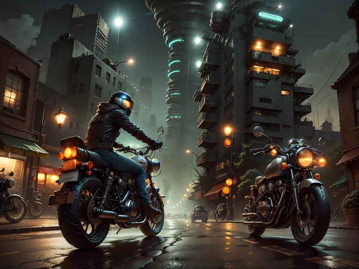 Imagine a futuristic city at night, shrouded in cosmic dust, while a biker on his vintage motorcycle cuts through the scenery. Capture cada detalhe da bicicleta, do brilho do potente motor aos reflexos das luzes da cidade, all in one high-resolution HDR im...