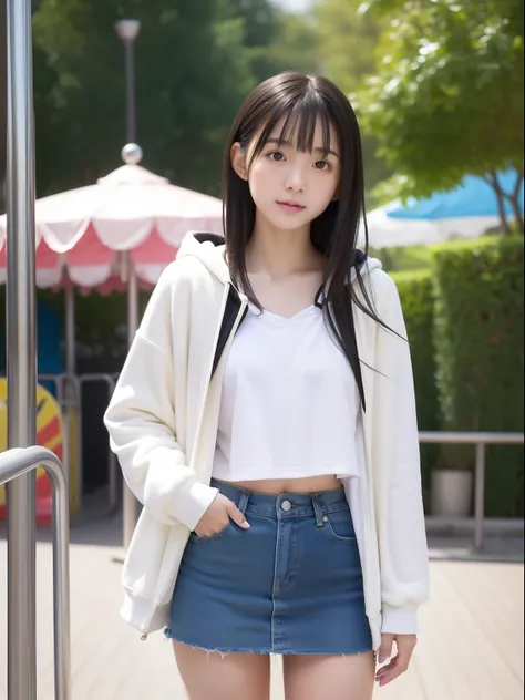 年轻，(a miniskirt)，Mokomokos hoodie，teens girl，Delicate body，petite body，Delicate body，small tits，tiny chest，Short，A dark-haired，Very Longhair，a shower，An amusement park，Looks Back