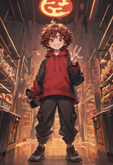 ((boy)),((dark brown hair)), ((curly hair)), ((black bucket hat)), ((smiley face on black bucket hat)), ((simple smiley face desighn on black bucket hat)), ((race: japanese)), ((red hoodie)), ((nothing on red hoodie)), ((happy)), ((pose: holding out a tray...