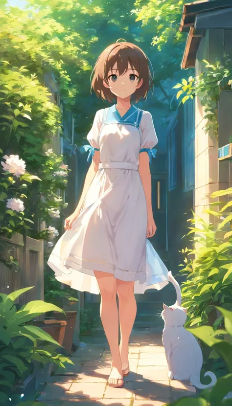 Anime girl in white dress standing in garden with cat, Hang the laundry outside to dry，loli in dress, small curvaceous loli, Guviz-style artwork, Guweiz in Pixiv ArtStation, Guweiz on ArtStation Pixiv, Guviz, small loli girl, Soft anime illustration, Anime...