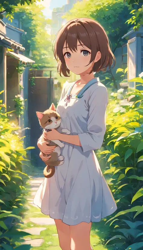 Anime girl in white dress standing in garden with cat, Hang the laundry outside to dry，loli in dress, small curvaceous loli, Guviz-style artwork, Guweiz in Pixiv ArtStation, Guweiz on ArtStation Pixiv, Guviz, small loli girl, Soft anime illustration, Anime...