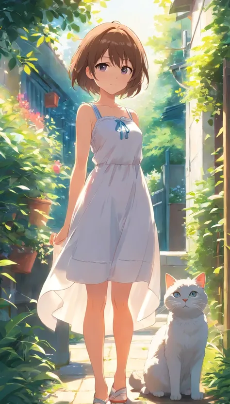 Anime girl in white dress standing in garden with cat, Hang the laundry outside to dry，loli in dress, small curvaceous loli, Guviz-style artwork, Guweiz in Pixiv ArtStation, Guweiz on ArtStation Pixiv, Guviz, small loli girl, Soft anime illustration, Anime...