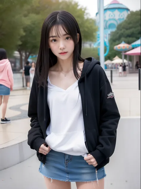 年轻，(a miniskirt)，Mokomokos hoodie，teens girl，Delicate body，petite body，Delicate body，small tits，tiny chest，Short，A dark-haired，Very Longhair，a shower，An amusement park，Looks Back