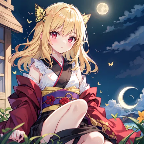 Wavy blonde、butterflys々、red eyes、Beautiful girl alone、Kimono、off shoulders、a moon、natta、red blush