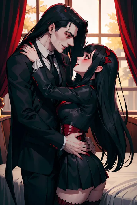 Vampire Pale man, long black hair and black and red suit vampire clothes kissing a pale woman with black hair with bangs black mini skirt black and black corset, fishnet stockings, vampire woman’s outfit, vampire couple, kissing and making sex excited pant...