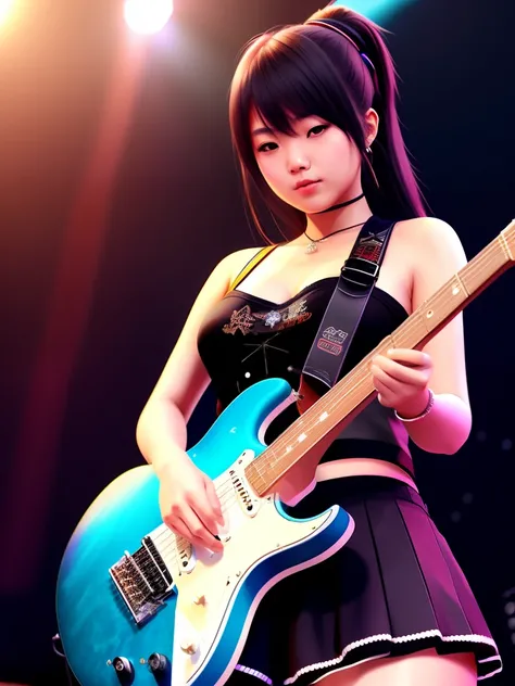 rockstar asian girl playing electric guitar on stage. by amano yoshitaka, digital art, digital painting, artstation trending, unreal engine, by rembrandt