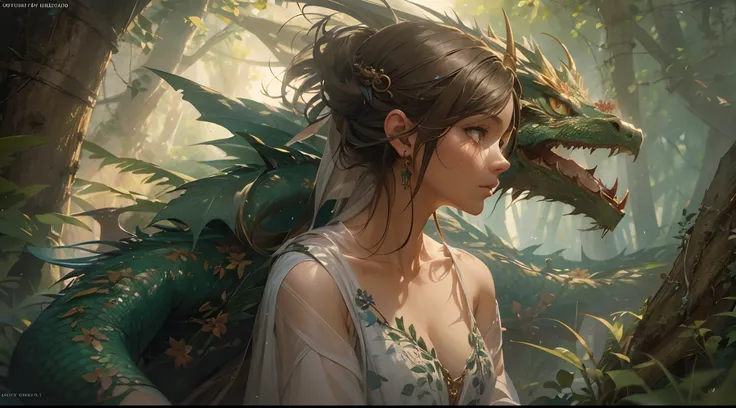 (by Greg Rutkowski: 1.2), (masterpiece), (best quality), extremely delicate and beautiful, illustration, 1 little green dragon girl, dragon horns, dragon wings, dragon tail, emerald eyes, short hair, quiet, (smile:0.8), hair ornament, robe, bare shoulders,...