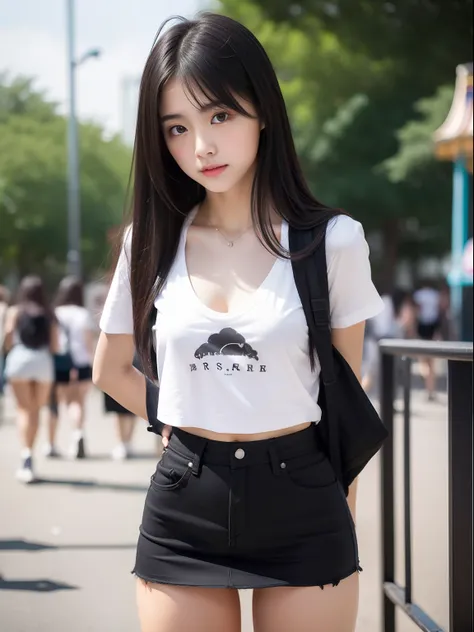 年轻，(a miniskirt)，a black T-shirt，teens girl，Delicate body，petite body，Delicate body，small tits，tiny chest，A dark-haired，Very Longhair，An amusement park，backpack