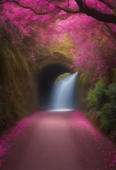 "Capture the enchanting beauty of nature as the worlds best nature photographer. Framing a mesmerizing photograph of a tunnel in bloom, adorned with pink piúva, Purple rosewood, flamboyant vermelho, and yellow ipê. Let the gaps in the foliage allow diffuse...