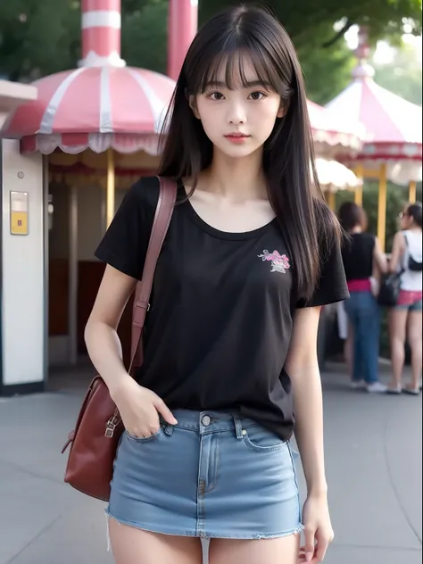 年轻，(a miniskirt)，a black T-shirt，teens girl，Delicate body，petite body，Delicate body，small tits，tiny chest，A dark-haired，Very Longhair，An amusement park，backpack