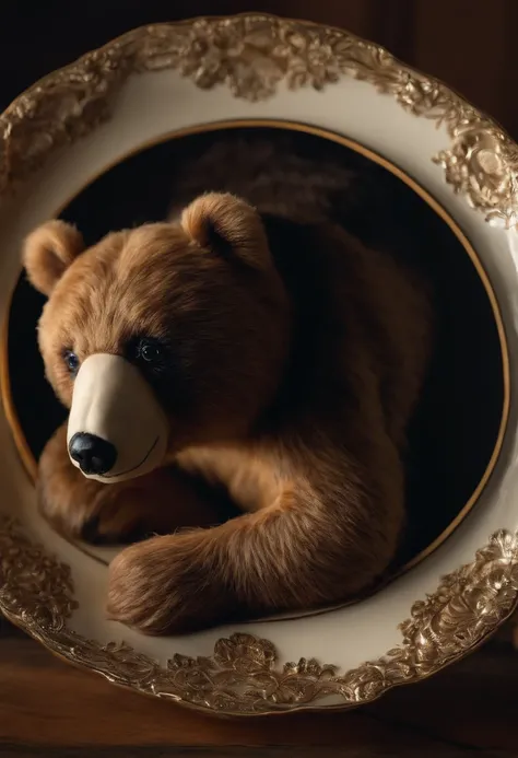 Stuffed bear stuck holding plate numbered with realistic black eye 4K