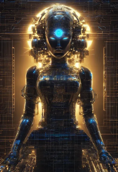 Cybernetic immortal goddess, The pixels illuminate her golden form, Have the code in hand. The lotus pose floats in the matrix, Energy flows through her circuits. The third eye looks to the future of the web, Go beyond the digital and physical. The flame o...