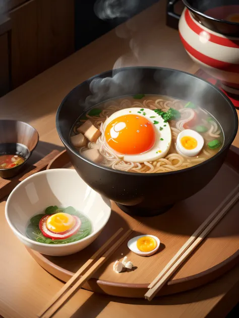 ultra detailed 8k cg, japanese ramen, chopsticks, egg, steam, boken