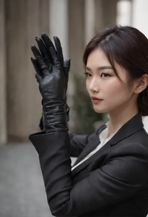 A young Japanese woman holding a black suit up to a shirt, a black leather glove worn in both hands, a womans hand with a black suit and black leather gloves in front of her