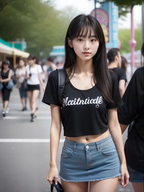 年轻，(a miniskirt)，a black T-shirt，teens girl，Delicate body，petite body，Delicate body，small tits，tiny chest，A dark-haired，Very Longhair，An amusement park，backpack