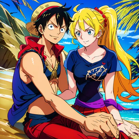 masterpiece, best quality, 1girl, alicetaria,blonde hair, long hair, ponytail, blue eyes, blue shirt, pleated skirt, solo, simple background, bikini, beach, alicetarian and luffy, husband and wife, couple happy in a beach, , purple hair,1boy, sitting in co...