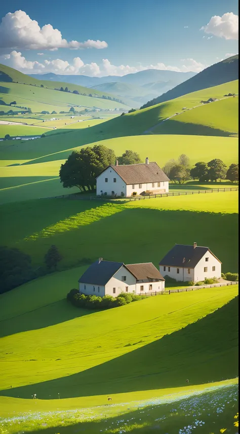 Peaceful and idyllic countryside, Rolling green hills dotted with grazing sheep, Charming farmhouse，Set amidst vibrant flowers, Clear blue sky overhead, Evokes a sense of peace and simplicity，green floor，Real shooting，Real Scene，Ultra HD ultra-wide angle