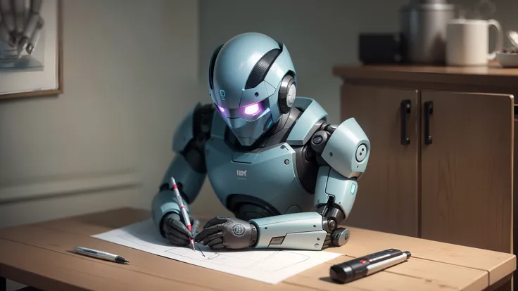 An artificial intelligence robot sits at a table, the robot is drawing, and the robot is holding a pen