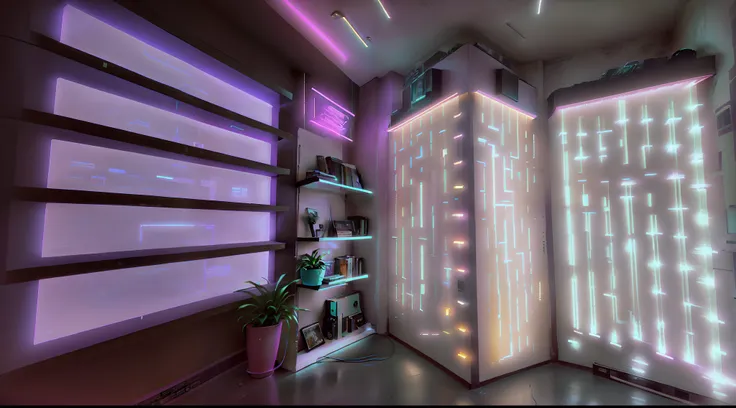 there is a room with a book shelf and a lot of lights, virtual metaverse room, ioyful vibe and lighting, 9 0 s vibe, vaporwave lighting, 90’s vibe, lofi vibe, vaporwave lighting style, living room vibe, vaporwave mall aesthetic, vaporwave lights, retro-wav...