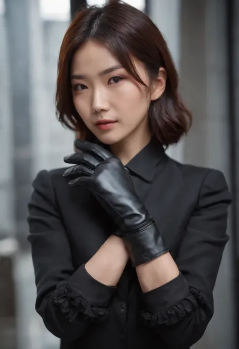 A young Japanese woman holding a black suit up to a shirt, a black leather glove worn in both hands, a womans hand with a black suit and black leather gloves in front of her