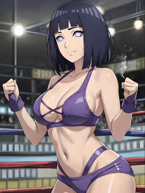 anime style, wrestling ground, (hinata(boruto), (female wrestler), (slender body), mature woman, milf, (bikini, pro wrestling gear) victorious, gorgeous, winner, kind face, smile, closed mouth, pale skin, shiny skin, (dark blue hair color:1.1), wavy hair, ...