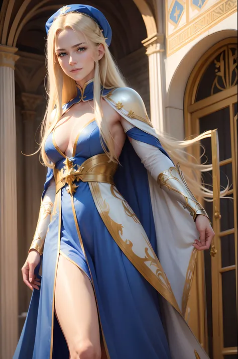 8K,Photorealsitic　Raw photography　top-quality;1.4) 　(1 Mature Saint)　Super beauty fighting(Lifelike face)　Blue and white sacred robe and blue and white long skirt　Golden decorations and gauntlets　long blonde hair and blue eyes　Muscular macho slender body m...