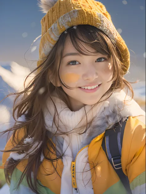 realisticlying、Snow-capped climbing、Outdoor Fashion Girl、Mountain from the cliff々々View、Portrait、Orange sunset、Happy smile、realisitic、Background ball blur、Happy smile、An 18-year-old woman、