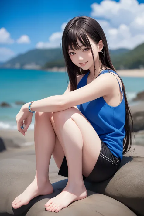 FULL BODYSHOT、​masterpiece、top-quality、hight resolution、Dark hair、Super long hair、Bangs are aligned、a smile、Im very happy、Blue shirt、sleeveless clothes、Black shorts、shores、sea side、Sitting on a rocky ground、blue-sky、lightly dressed、Ring on the ring finger ...