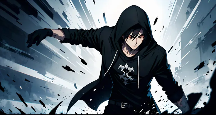 A epic wallpaper of a Young man, vampire, goth style, black haired, dark hooded, Village, shadows, dark brown eyes, splash arts, aesthetic for Tshirt design, highly detailed, medieval, darkness, Dynamic effects, Red