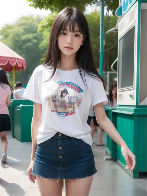 年轻，(Big size T-shirt，a miniskirt，Put the hem of the shirt in the skirt)，teens girl，Delicate body，petite body，Delicate body，small tits，tiny chest，Short，A dark-haired，Very Longhair，a shower，An amusement park，Looks Back