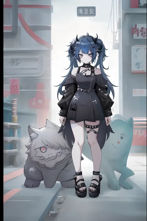 anime girl with blue hair and black dress standing in front of a white background, single character full body, highly detailed full body, full body portrait of a short!, anime vtuber full body model, mechanic punk outfit, anime full body illustration, full...