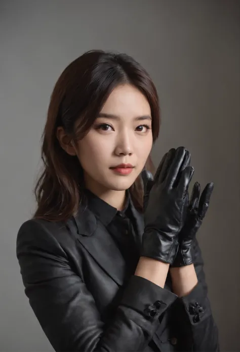 A young Japanese woman holding a black suit up to a shirt, a black leather glove worn in both hands, a womans hand with a black suit and black leather gloves in front of her