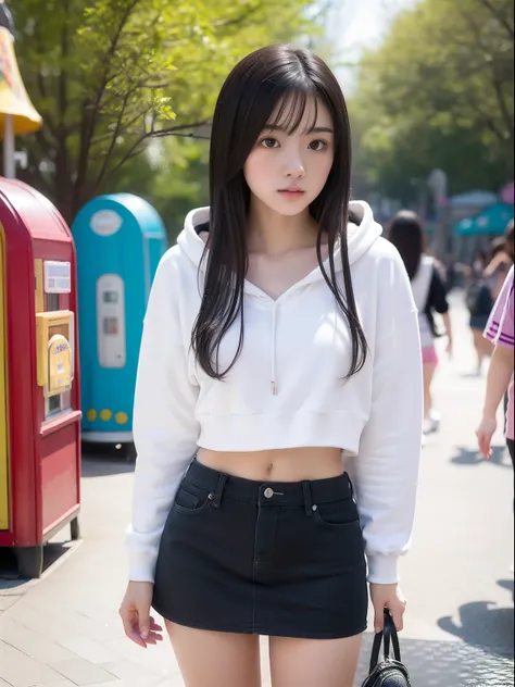 年轻，(a miniskirt)，Mokomokos hoodie，teens girl，Delicate body，petite body，Delicate body，small tits，tiny chest，Short，A dark-haired，Very Longhair，a shower，An amusement park，Looks Back